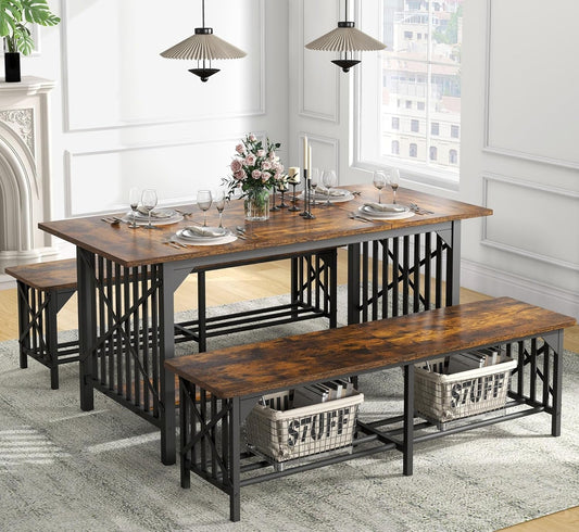 3-Piece Dining Table Set for 4-6 People, 63" Dining Room Table with 2 Benches, Industrial Rectangular Dining Room Table Set with Storage for Kitchen, Dining Room, Rustic Brown-0