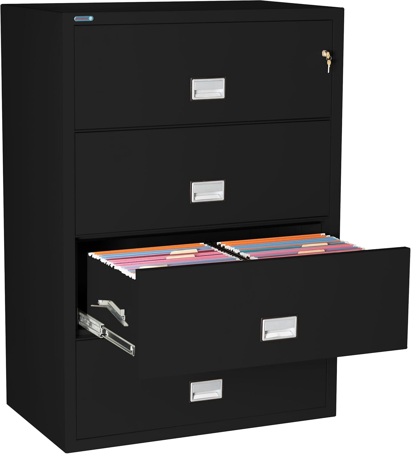 Lateral 38 Inch 4-Drawer Fireproof File Cabinet with Key Lock, Water Seal, Black,-2