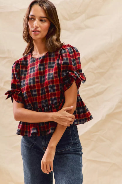 SO ME Christmas Holiday Plaid Ribbon Short Sleeves Top