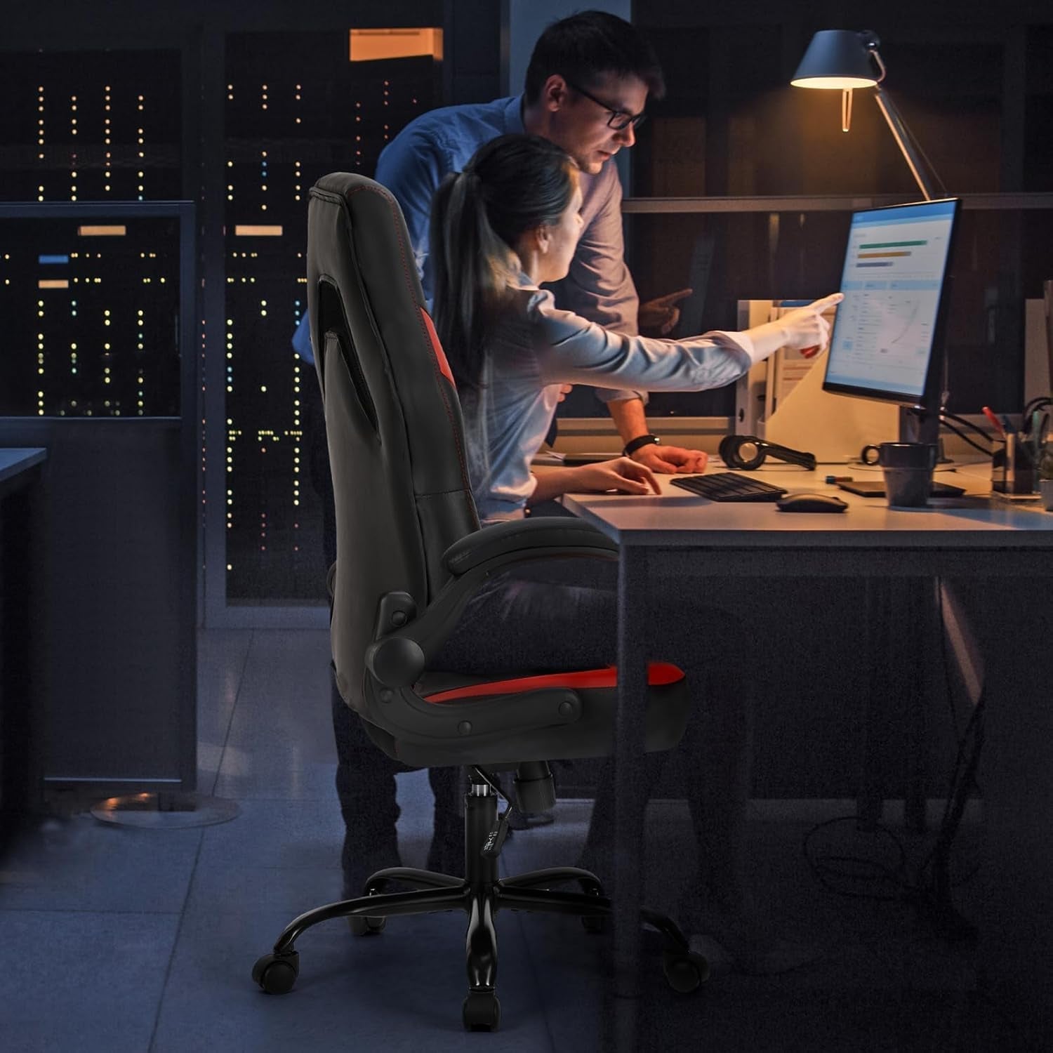 Black Red Gaming Chair, Leather, Flip-Up Arms, Swivel-4