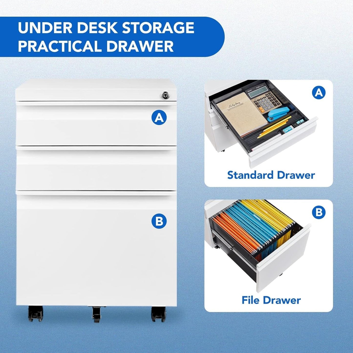 3 Drawer Mobile File Cabinet for Home Office under Desk Storage, Filing Cabinet with Lock Keys, File Organizer Cabinet for Legal/Letter/A4 File, White-4