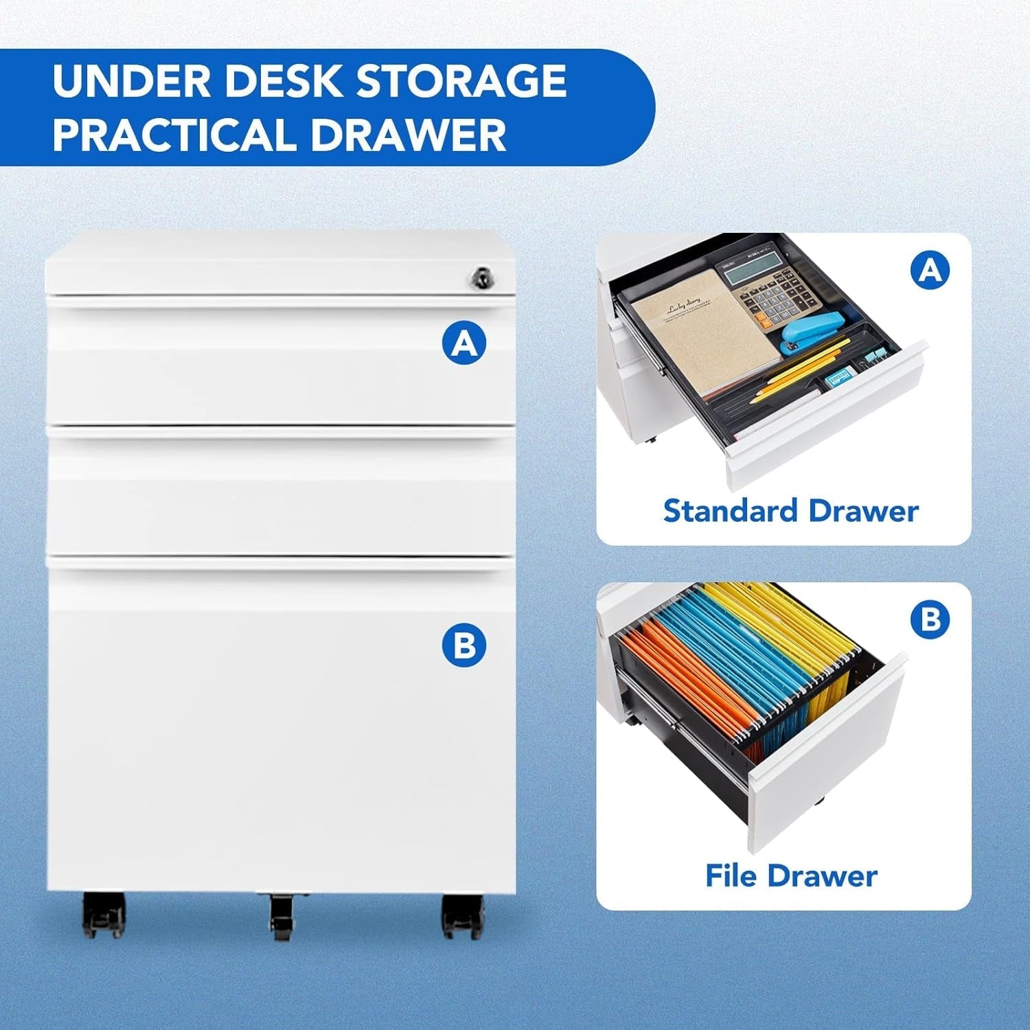 3 Drawer Mobile File Cabinet for Home Office under Desk Storage, Filing Cabinet with Lock Keys, File Organizer Cabinet for Legal/Letter/A4 File, White-4