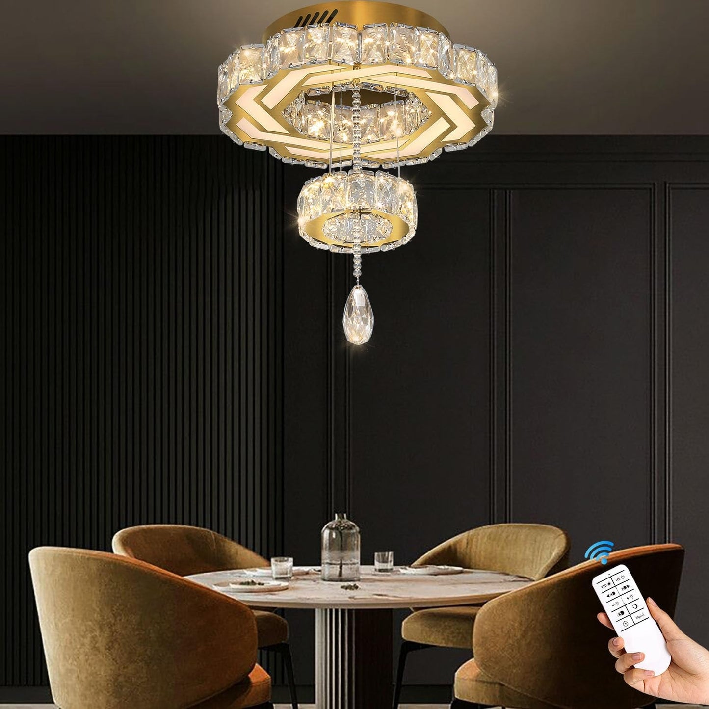 Gold Crystal Chandelier TwelveInch Dimmable Flush Mount-2