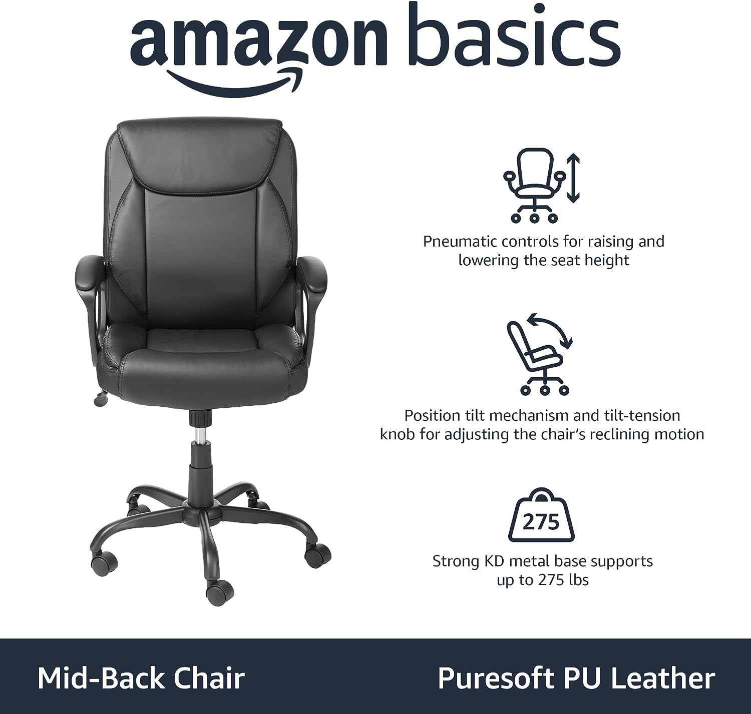 Classic Puresoft PU Padded Mid-Back Height Adjustable Office Computer Desk Chair with Armrest, 26"D X 23.75"W X 42"H, Black-3