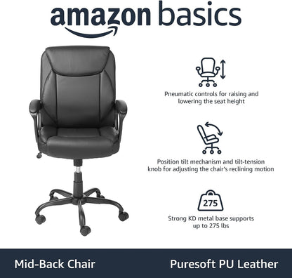 Classic Puresoft PU Padded Mid-Back Height Adjustable Office Computer Desk Chair with Armrest, 26"D X 23.75"W X 42"H, Black-3