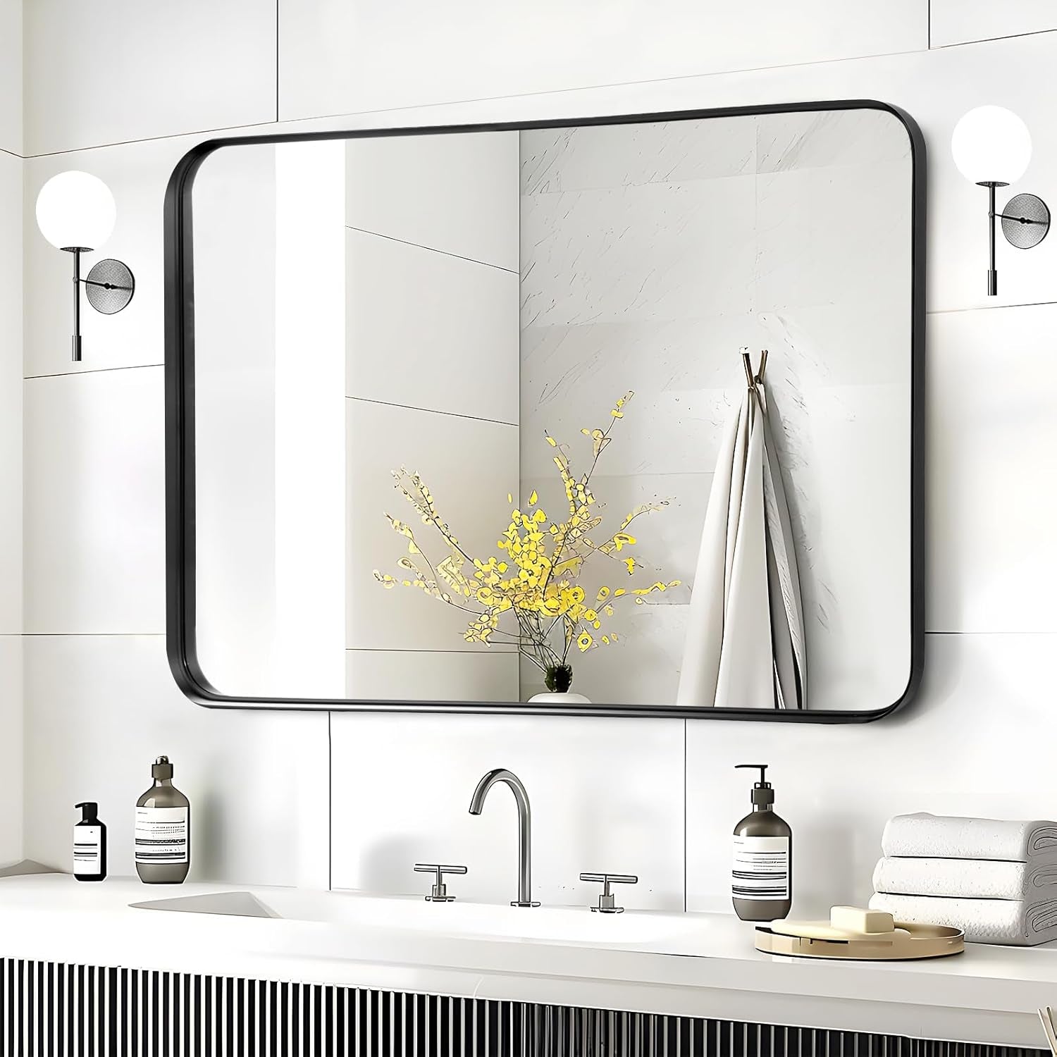 Black Mirror for Bathroom Wall - 40X30 Inch Large Reactangular Metal Framed Mirror over Sink, Matte Frame Big Rectangle Mirror Vanity for Restroom, Entryway, Living Room, Fireplace-0