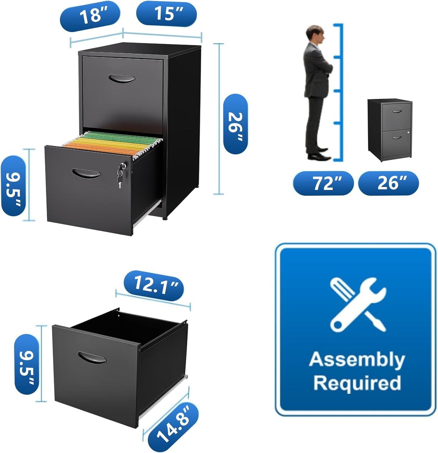 2 Drawer Filing Cabinet with Lock, Black Metal File Cabinets for Home Office, Light Duty Locking Vertical File Cabinet, Steel File Storage Cabinet for Hanging Letter Size File - Assembly Required-2