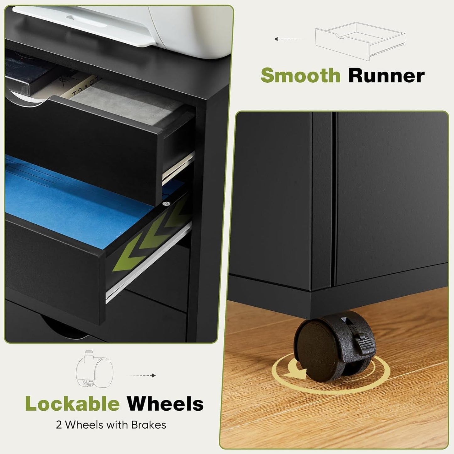 7 Drawer Chest Mobile Storage Cabinets Wooden Dresser with Wheels Room Organization Furniture for Office Home, Black Wood-3