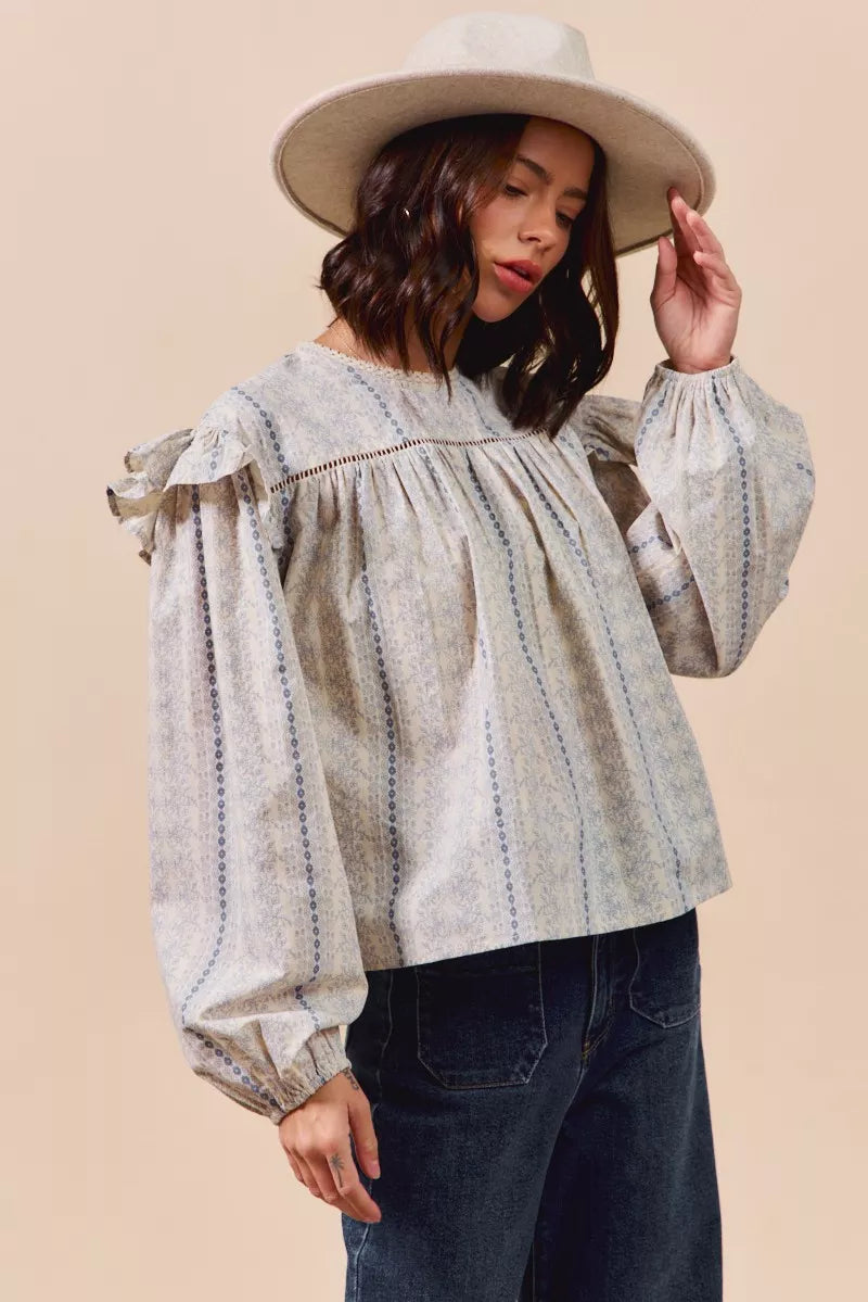 SO ME Floral Cotton Print Ruffled Long Sleeve Blouse