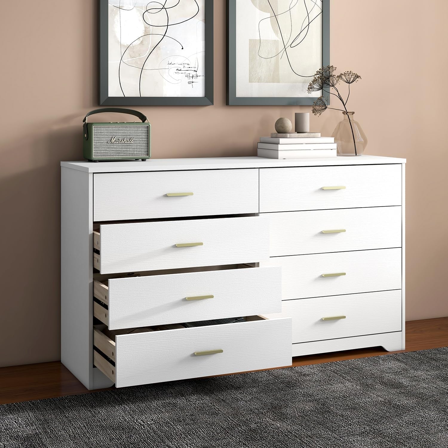 8 Drawer Wood Lateral Dresser, Big Wide Chest of Drawers Storage Organizer with Metal Gold Handles Home Bedroom (White)-1