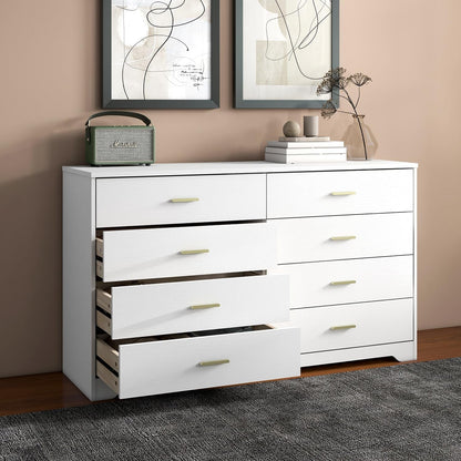 8 Drawer Wood Lateral Dresser, Big Wide Chest of Drawers Storage Organizer with Metal Gold Handles Home Bedroom (White)-1