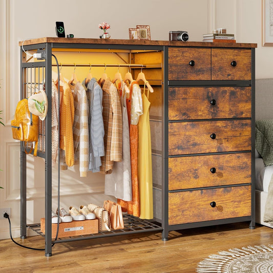 49.2" W Dresser for Bedroom with Hanging Rack 6 Drawer Dresser with LED Lights & Charging Station, Fabric Dressers & Chest of Drawer with Clothes Rack,Wooden Top,Grid Panel,Closet,Rustic Brown-0