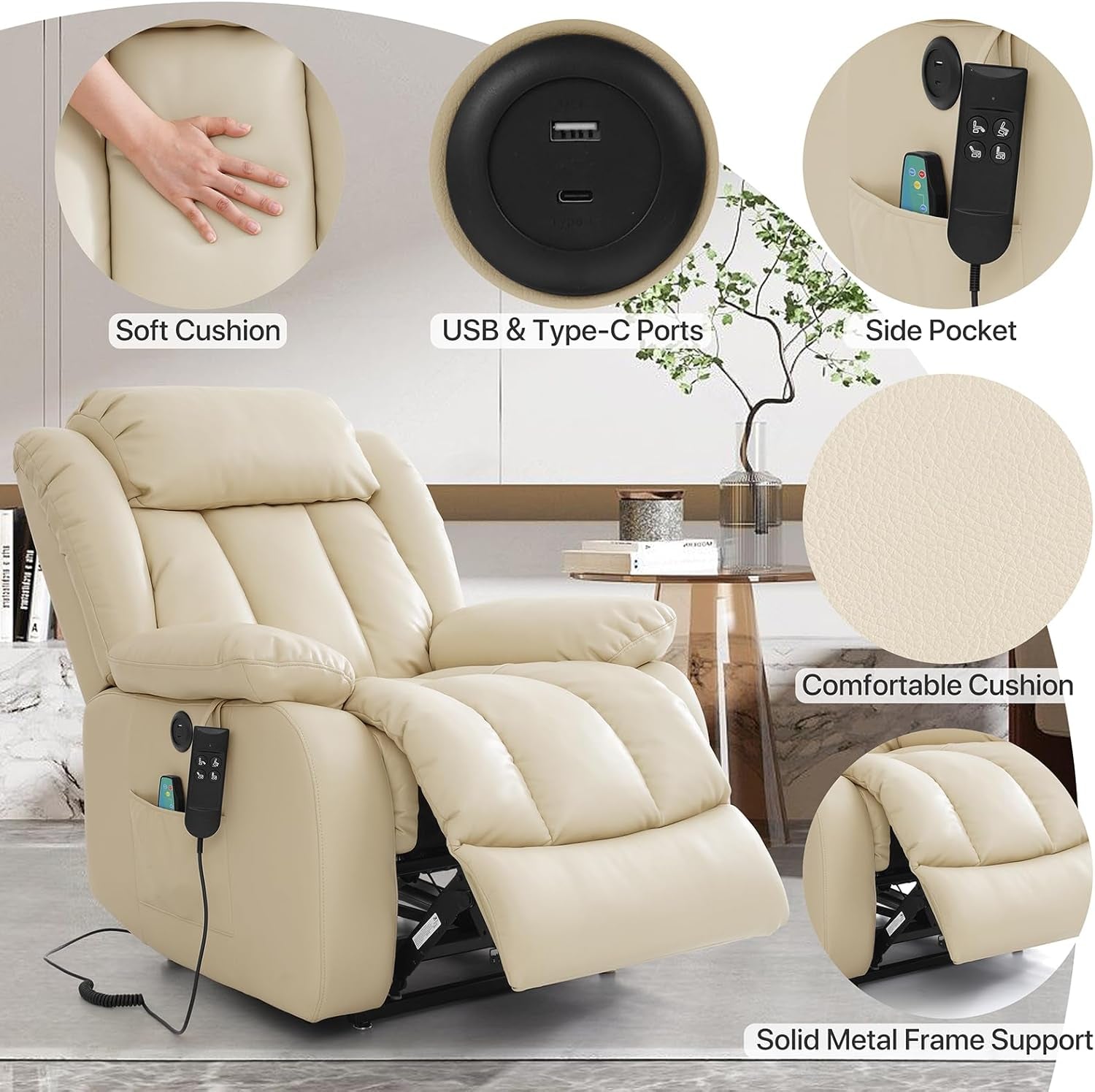 Dual Motor Large Power Lift Recliner Chair Recliners for Elderly, Infinite Position Recliner Chair with Heat and Massage, Breathable Leather(Beige)-4