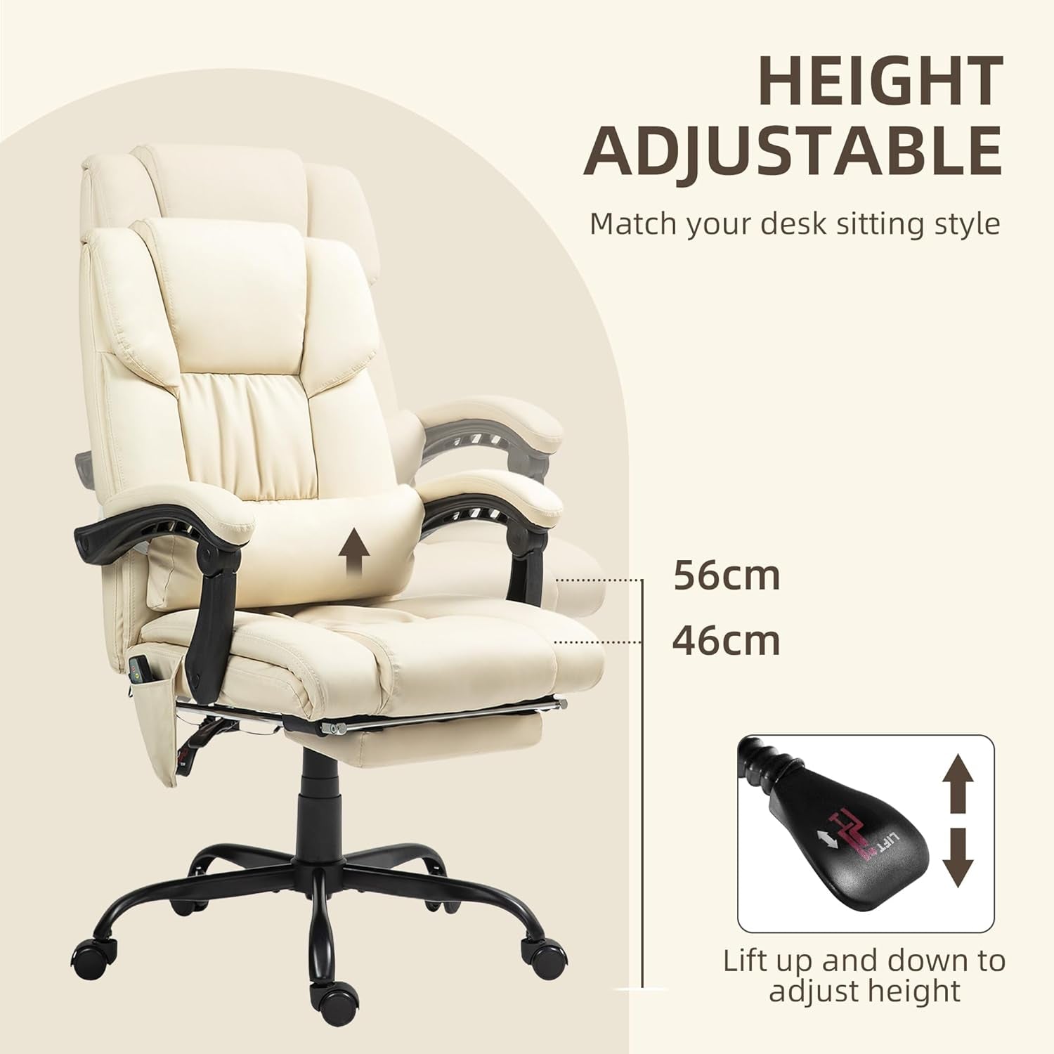 High Back Massage Office Chair with 6 Vibration Points, PU Leather Reclining Computer Chair, Ergonomic Desk Chair with Footrest Adjustable Height and Remote, Beige-3