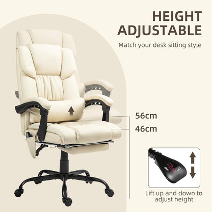 High Back Massage Office Chair with 6 Vibration Points, PU Leather Reclining Computer Chair, Ergonomic Desk Chair with Footrest Adjustable Height and Remote, Beige-3