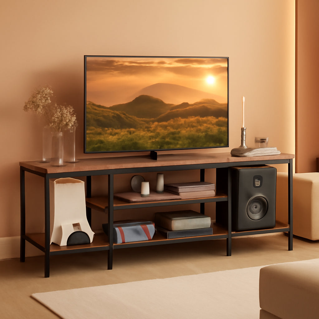 TV Stand with Power Outlets to 65 Inches, TV Console Table with Open Storage Shelves, Industrial Media Entertainment Center for Living Room Bedroom, Rustic Brown and Black BF40DS01-0