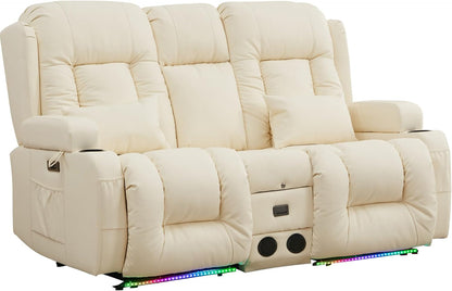 Power Loveseat Recliner Sofa with Massage & Heat Home Theater Seating with Console Electric Recliner RV Sofa with Usb/Outlet/Storage/Side Pocket/Led Light/Speaker (Cream White)-2