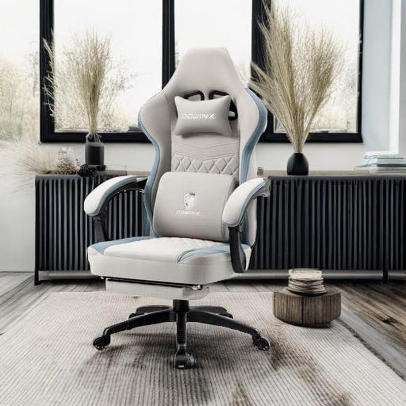 Gaming Chair Breathable Fabric Computer Chair with Pocket Spring Cushion, Comfortable Office Chair with Gel Pad and Storage Bag,Massage Game Chair with Footrest,Grey-1