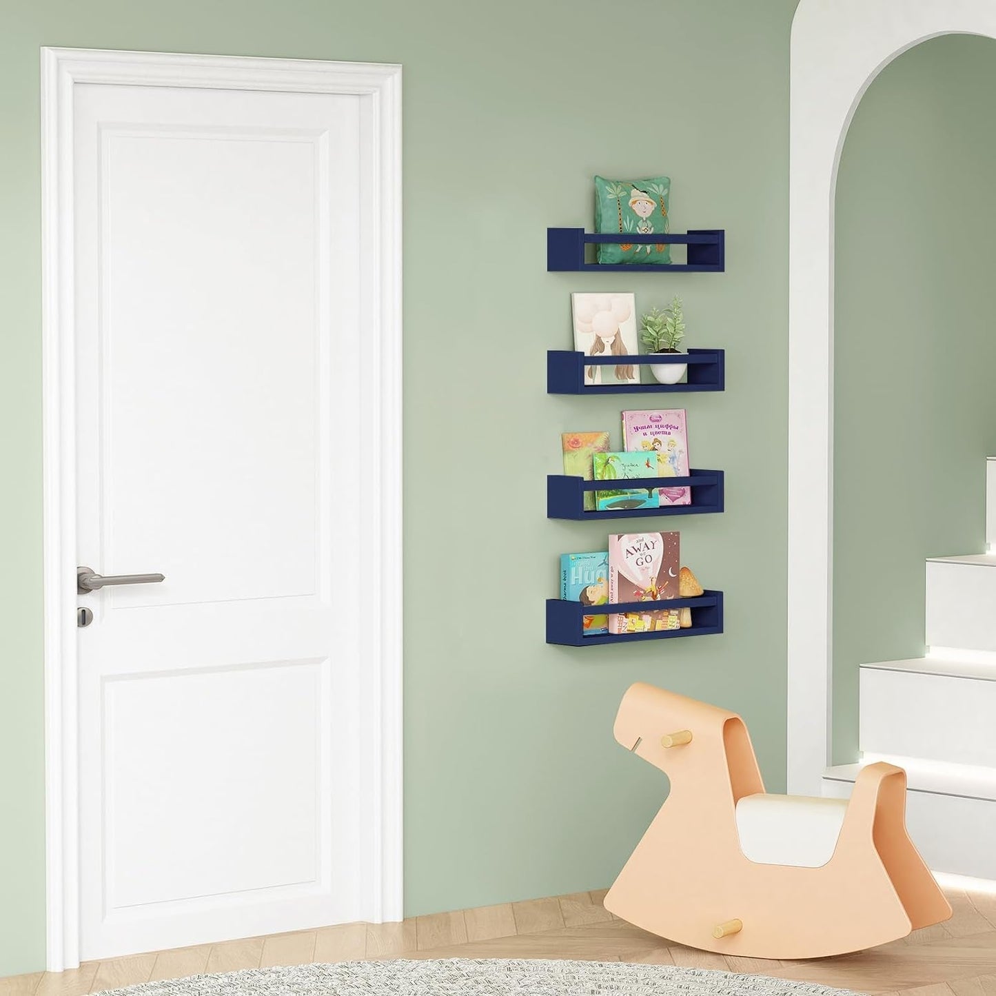 Navy Blue Floating Book Shelves for Nursery Boy, Decorative Wall Bookshelf for Kids Room, Small Wood Floating Shelves Wall Mounted for Boys Bedroom Bathroom (Set of 4, Blue)-3