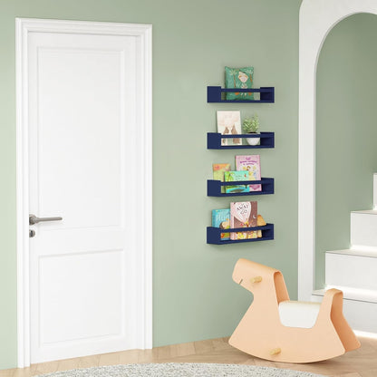 Navy Blue Floating Book Shelves for Nursery Boy, Decorative Wall Bookshelf for Kids Room, Small Wood Floating Shelves Wall Mounted for Boys Bedroom Bathroom (Set of 4, Blue)-3
