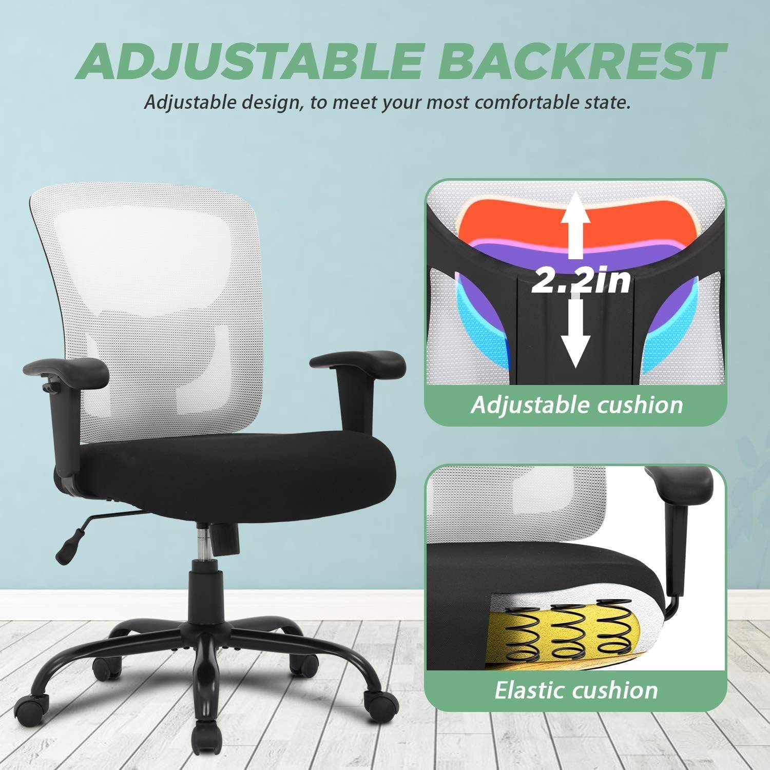 Big and Tall Office Chair 400Lbs Desk Chair Mesh Computer Chair with Lumbar Support Wide Seat Adjust Arms Rolling Swivel High Back Task Executive Ergonomic Chair for Home Office (White)-4