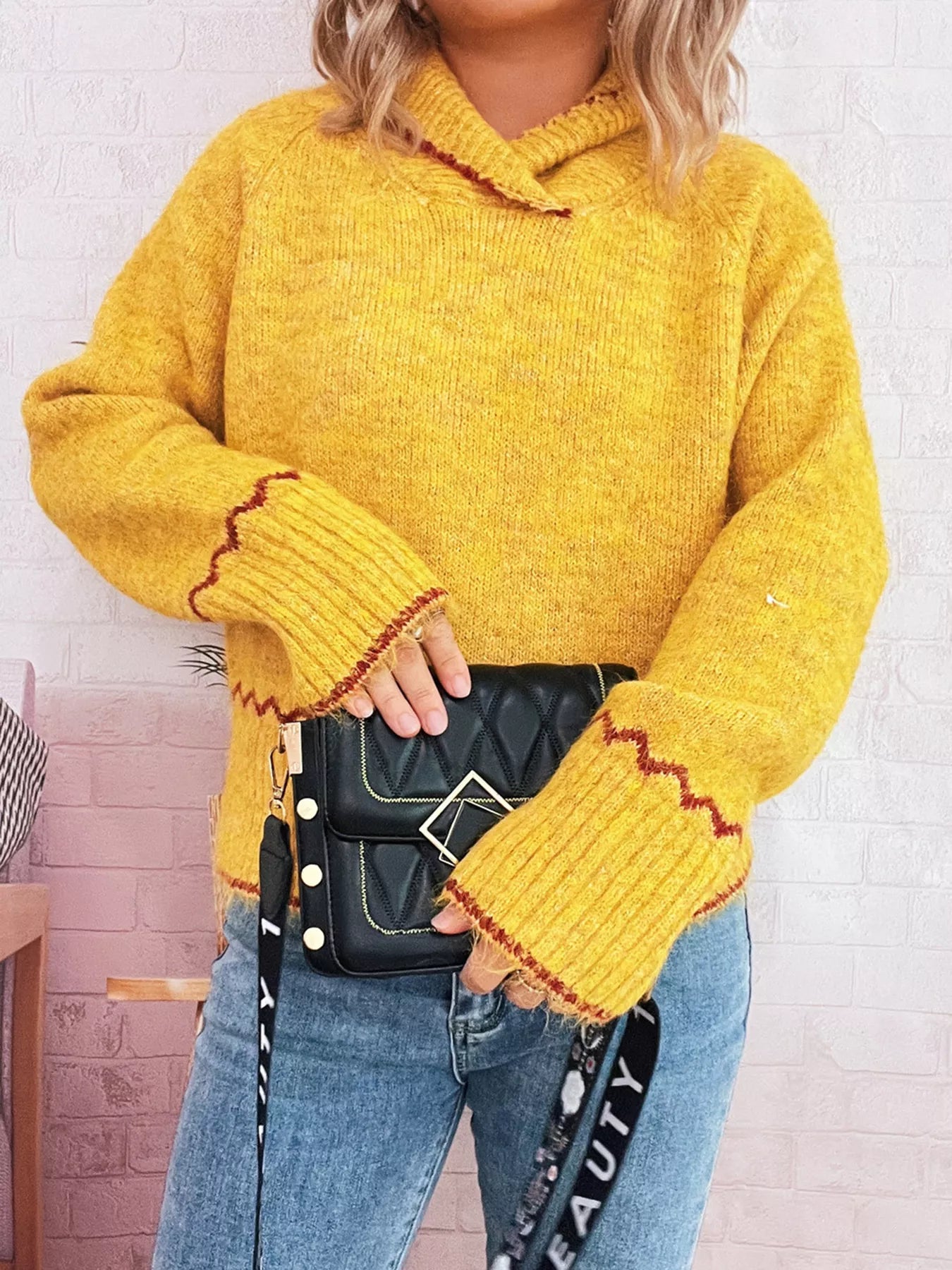 Ribbed Contrast Trim Long Sleeve Sweater