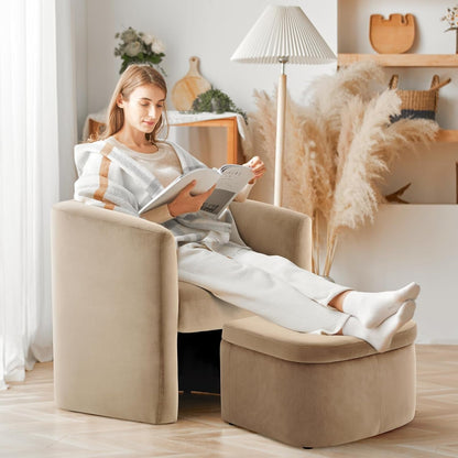 Velvet Barrel Accent Chair With Storage Ottoman Khaki-4