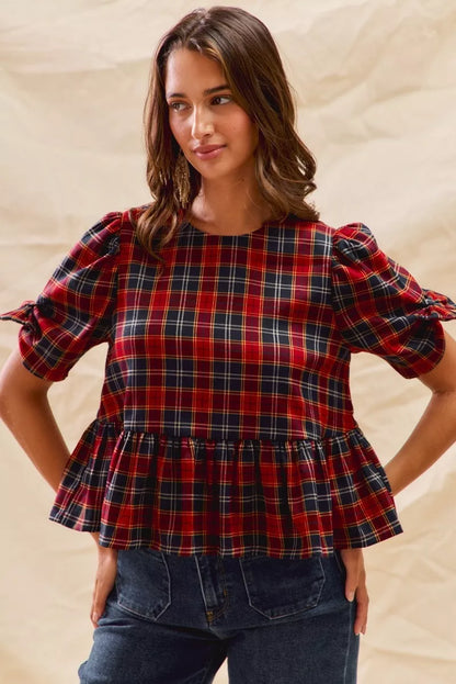 SO ME Christmas Holiday Plaid Ribbon Short Sleeves Top