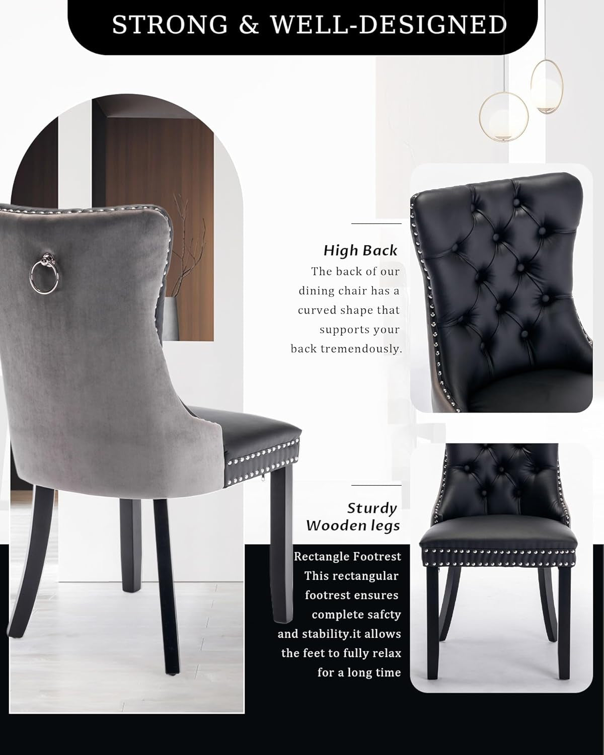 Leather Dining Chair Set of 2 Upholstered Tufted Dining Room Chair with Nailhead Trim and Solid Wood Legs for Kitchen, Restaurant, Black&Grey-3