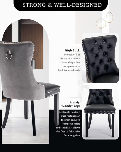 Leather Dining Chair Set of 2 Upholstered Tufted Dining Room Chair with Nailhead Trim and Solid Wood Legs for Kitchen, Restaurant, Black&Grey-3