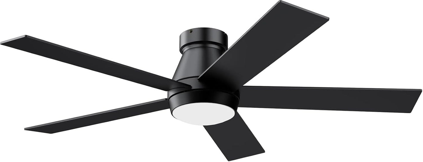 52" Ceiling Fan with Lights, Black Flush Mount Ceiling Fans, 5 Blades Low Profile Ceiling Fans, 6 Speeds DC Reversible, Dimmable, Modern Ceiling Fans for Bedroom, Living Room and Garage-0