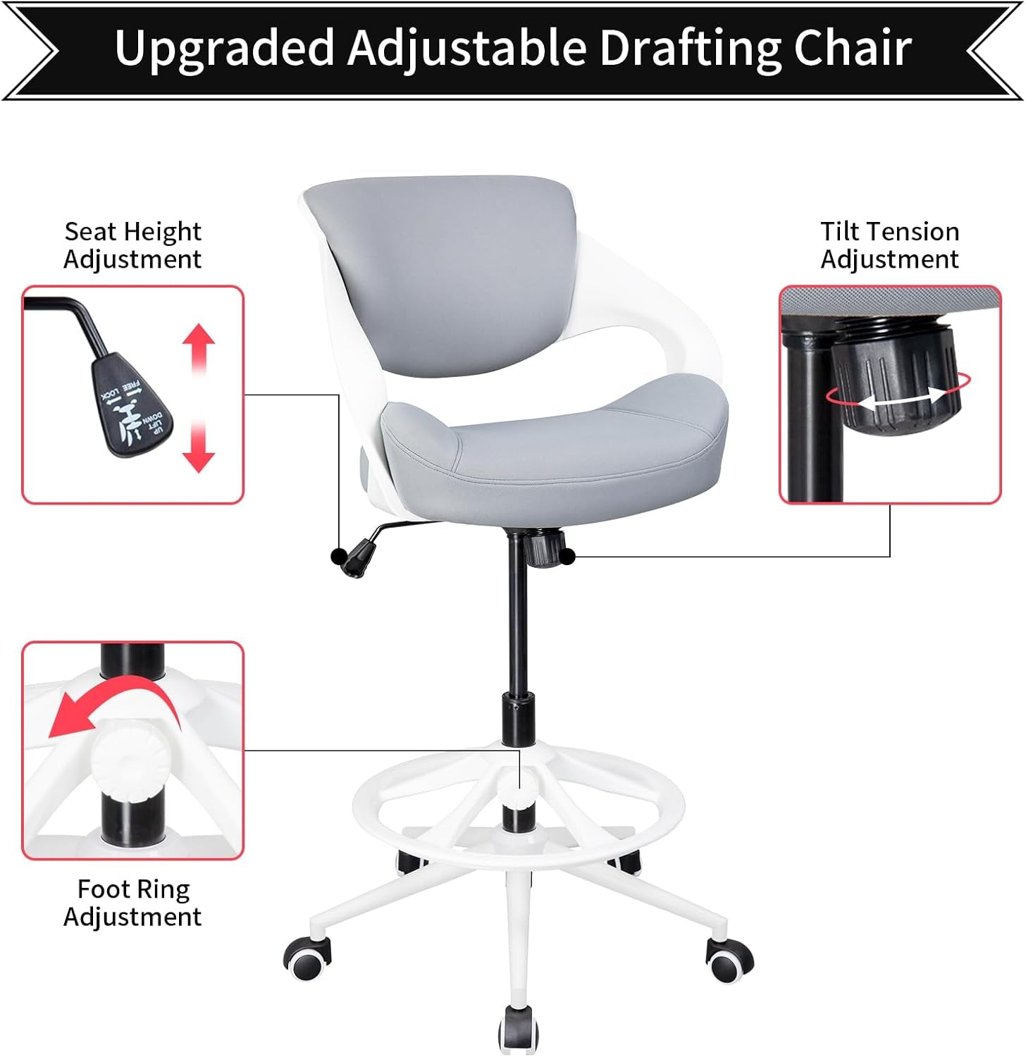 Ergonomic Drafting Chair,Standing Computer Desk Chair,Foot Ring,Lumbar Support,Swivel Task Chair -Grey-3