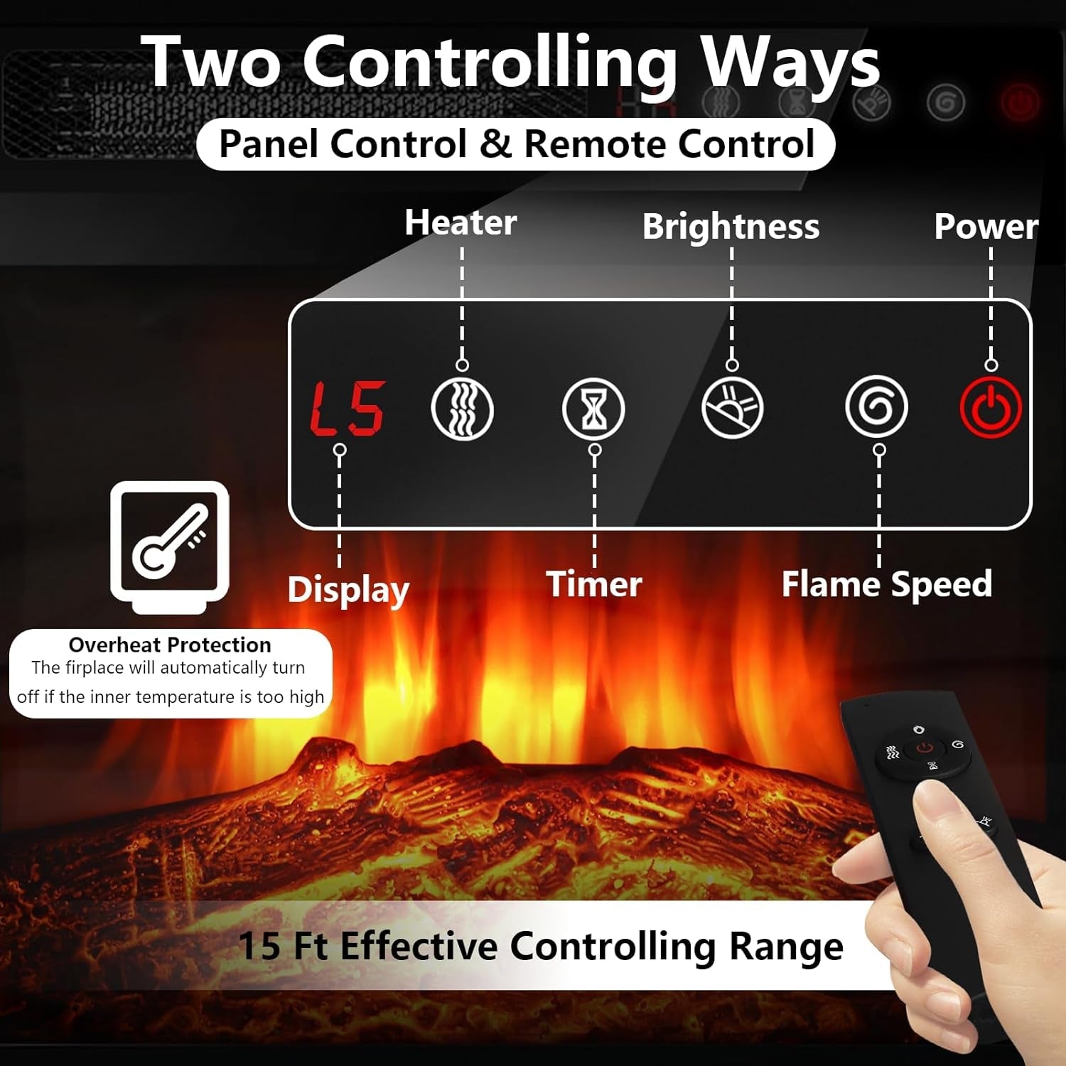 Fireplace TV Stand with 18''Fireplace, Modern Entertainment Center for Tvs up to 68 Inch, Media TV Console with Adjustable Glass Shelves and Storage Cabinets(Gray)-3