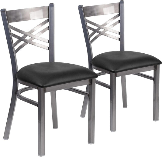 2 Pack HERCULES Series Clear Coated ''X'' Back Metal Restaurant Chair - Black Vinyl Seat-0