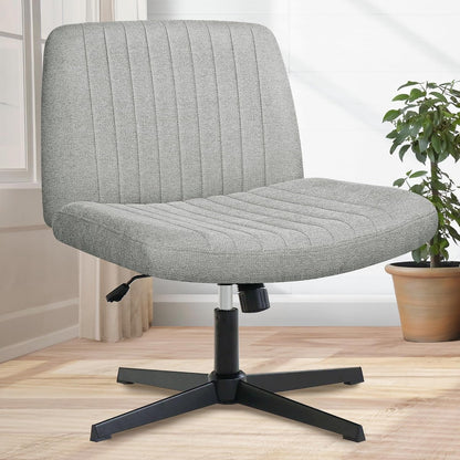 Cross Legged Office Desk Chair No Wheels Fabric Padded Modern Swivel Height Adjustable Wide Seat Computer Task Vanity Chair for Home Office Mid Back Accent Chair (Grey)-0