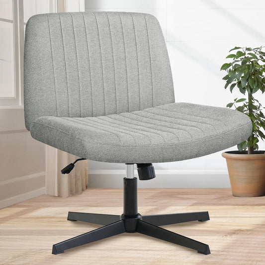 Cross Legged Office Desk Chair No Wheels Fabric Padded Modern Swivel Height Adjustable Wide Seat Computer Task Vanity Chair for Home Office Mid Back Accent Chair (Grey)-0