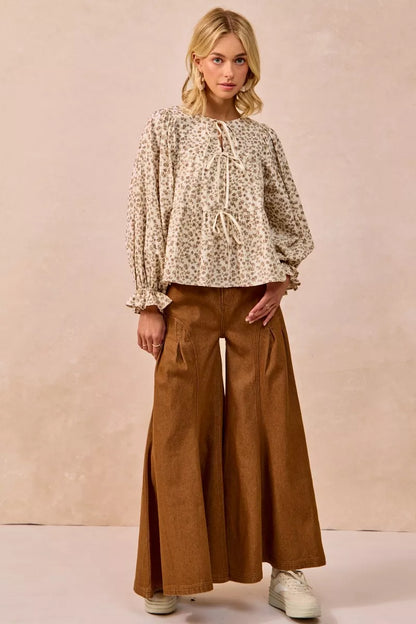 BiBi Floral Printed Peplum Blouse with Shirring and Tied