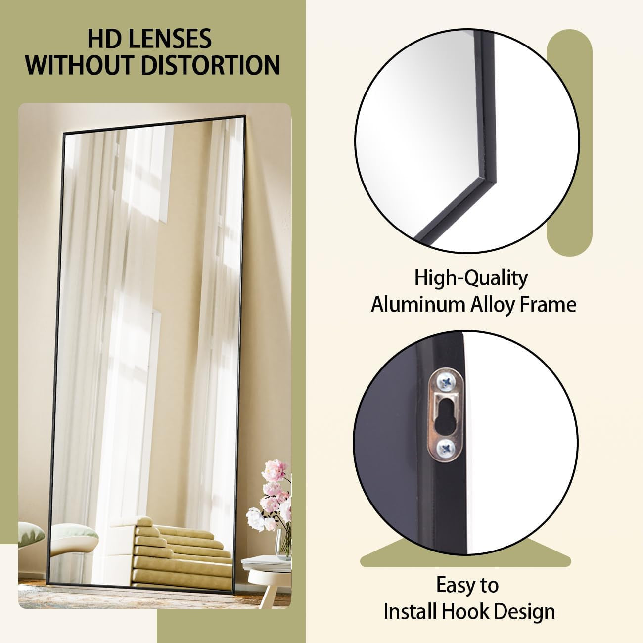 Full Length Mirror with Stand, 56"X21" Floor Mirror with Aluminum Alloy Thin Frame, Shattervue Tempered Full Body Mirrors, Free Standing or Wall-Mounted Mirrors for Living Room, Black-4