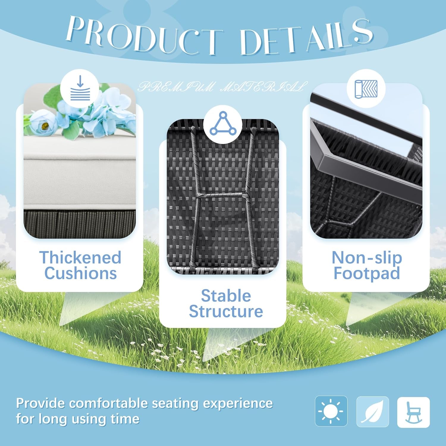 Patio Chairs 3 Piece Wicker Rocking Chair Outdoor Bistro Sets with Coffee Table and Cushions Metal Frame Patio Furniture for Porch, Balcony, Lawn (White)-4