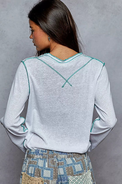 POL Round Neck Long Sleeve Top with Contrast Stitching