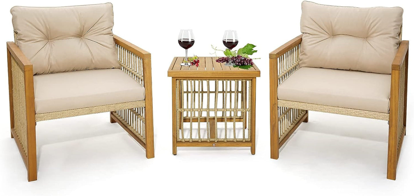 3 Pieces Acacia Wood Patio Furniture Set, PE Wicker Bistro Set with Cushioned Chairs and Coffee Table, Outdoor Conversation Set for Porch, Deck, Balcony, Backyard (Beige)-0