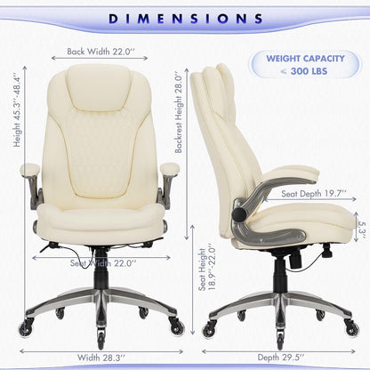 Executive Office Chair-Ergonomic Computer Desk Chair with Upgraded Caster for Swivel, High Back Office Chair with Padded Flip-Up Arms, Stylish Leather Chair Thicken Seat for Comfort (Ivory, 300Lbs)-2