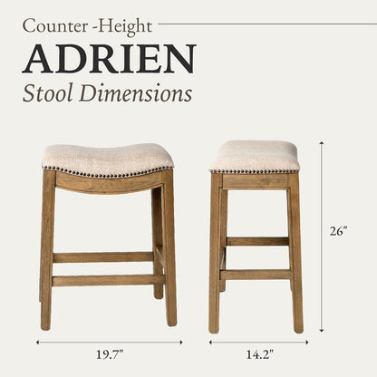 Adrien 26" Wood Counter Height Stool - Handcrafted Natural Wood Finish with Wheat Fabric Upholstered Saddle Seat for Comfort - Durable Barstool for Kitchen Islands, Dining Rooms-2