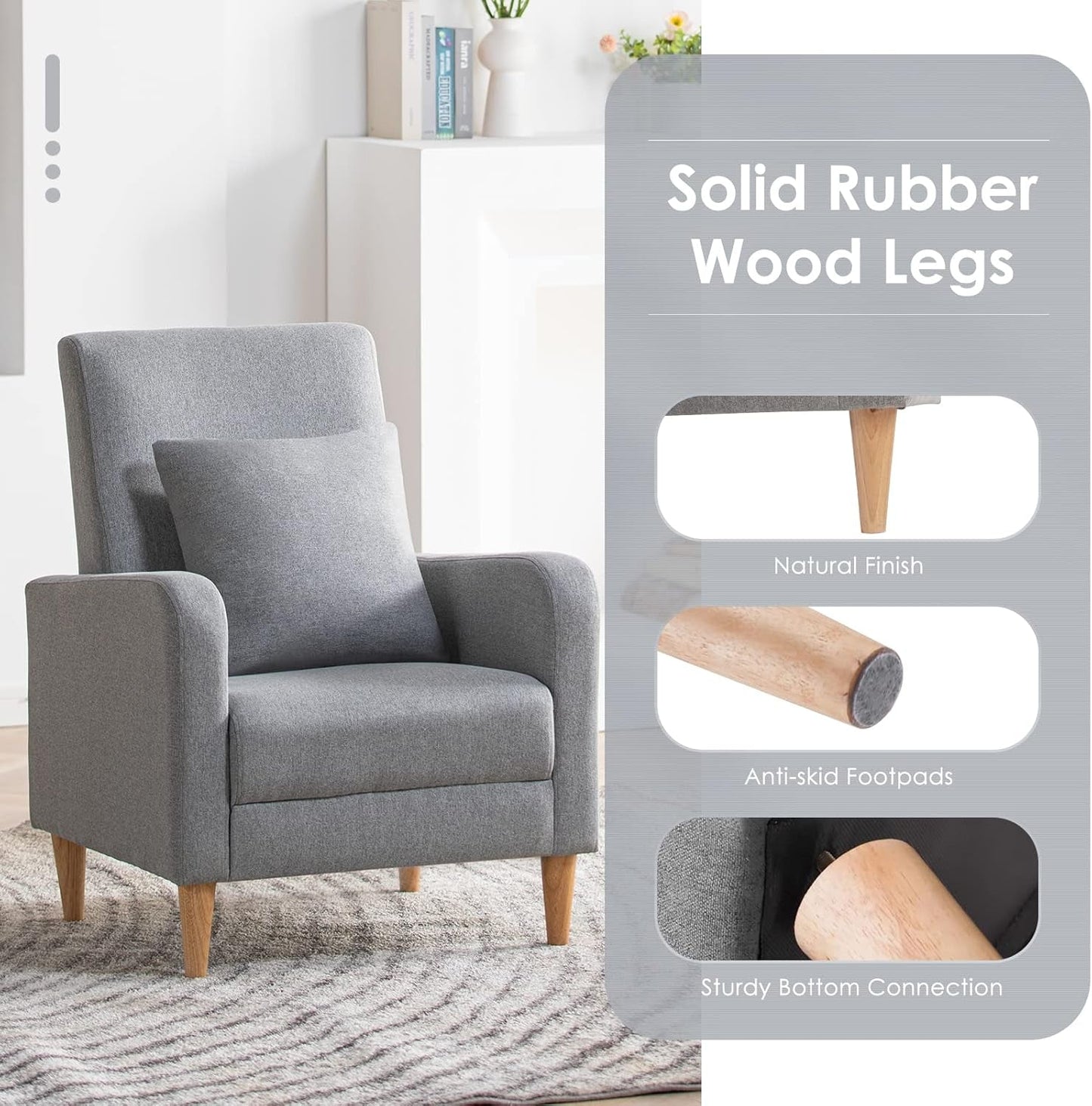 Grey Fabric Accent Chairs Set Of 2 Upholstered Wood Legs-4