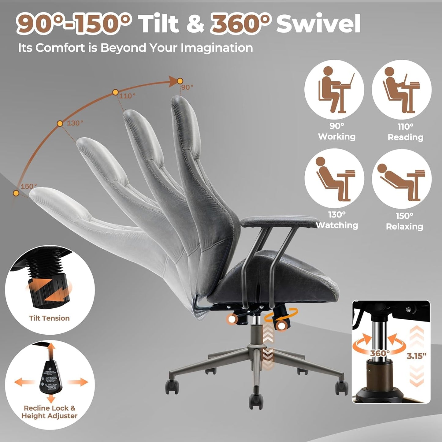 Ergonomic Home Office Chair, Mid-Century Modern Leather Chair with Lumbar Support, High Back Swivel Rolling Executive Chair, Comfy Task Computer Desk Chair (Dark Grey, Suede Leather)-3