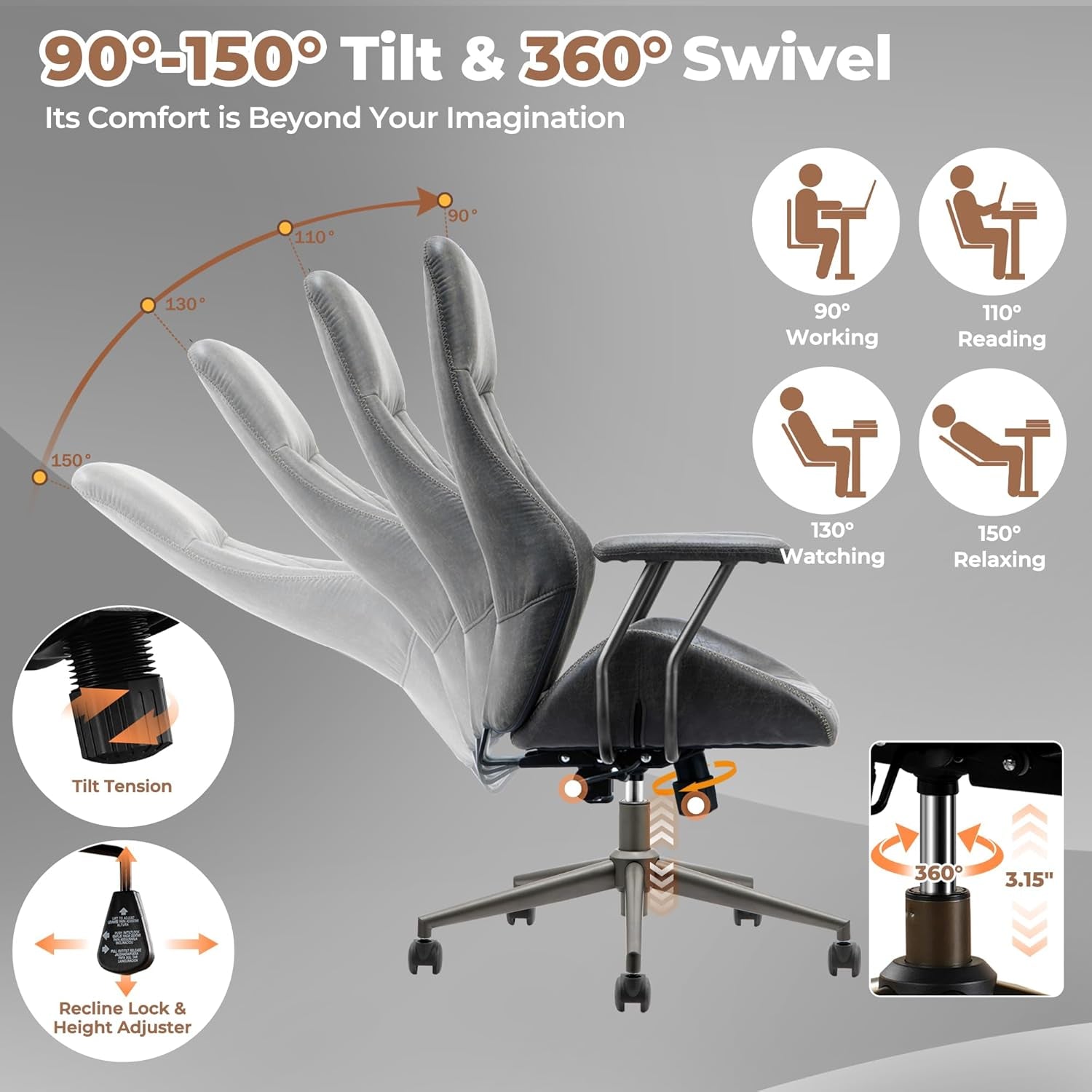 Ergonomic Home Office Chair, Mid-Century Modern Leather Chair with Lumbar Support, High Back Swivel Rolling Executive Chair, Comfy Task Computer Desk Chair (Dark Grey, Suede Leather)-3