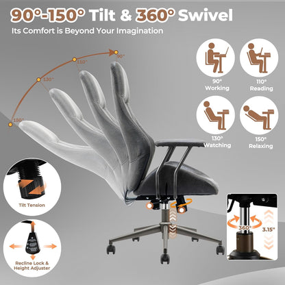 Ergonomic Home Office Chair, Mid-Century Modern Leather Chair with Lumbar Support, High Back Swivel Rolling Executive Chair, Comfy Task Computer Desk Chair (Dark Grey, Suede Leather)-3