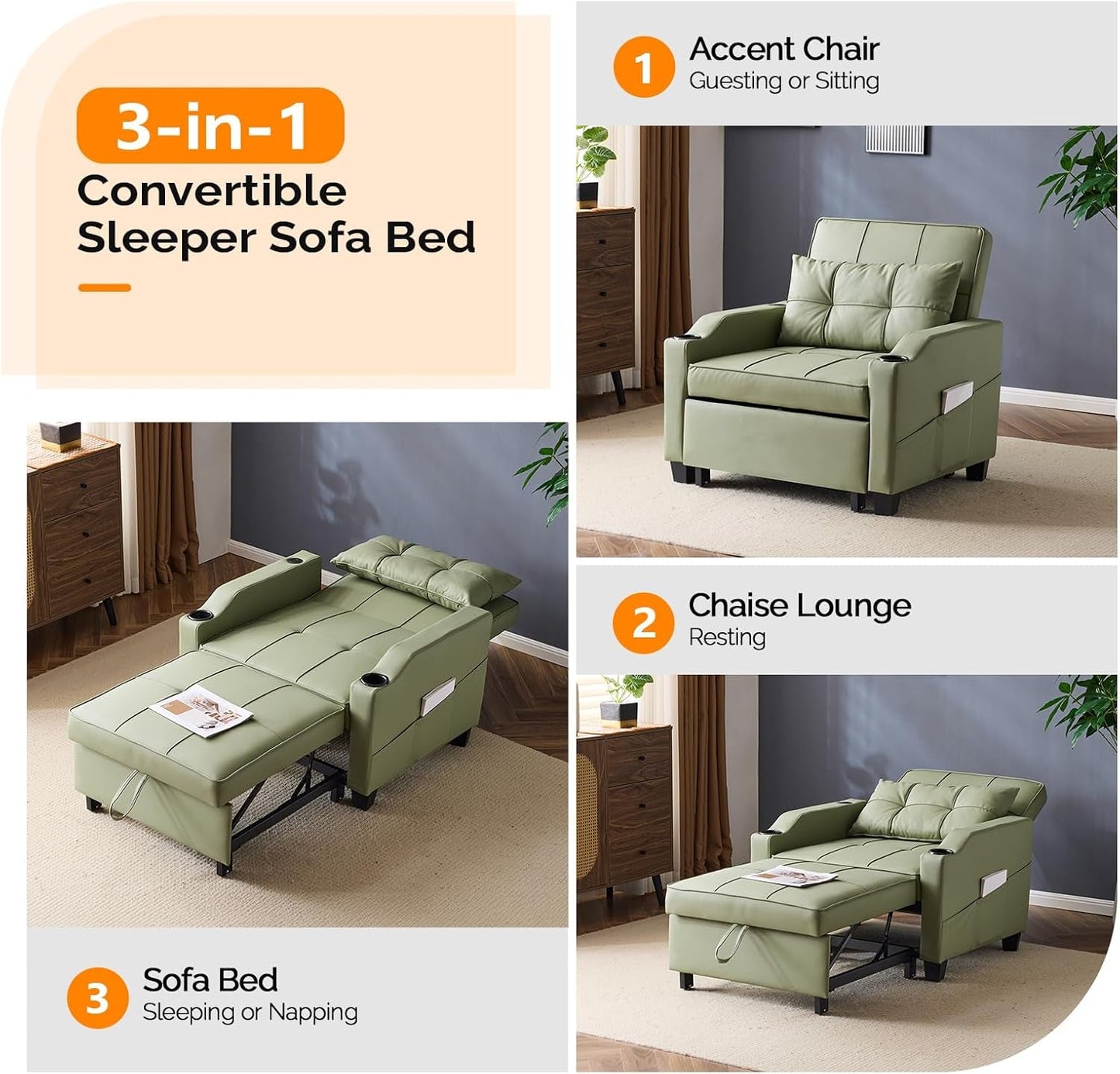 Sofa Bed Chair Recliner, 3-In-1 Convertible Sleeper Sofa Chair Bed Green Daybed Pull Out Couch Bed with Adjustable Backrest, USB Ports, Cup Holders for Small Spaces Living Room-3