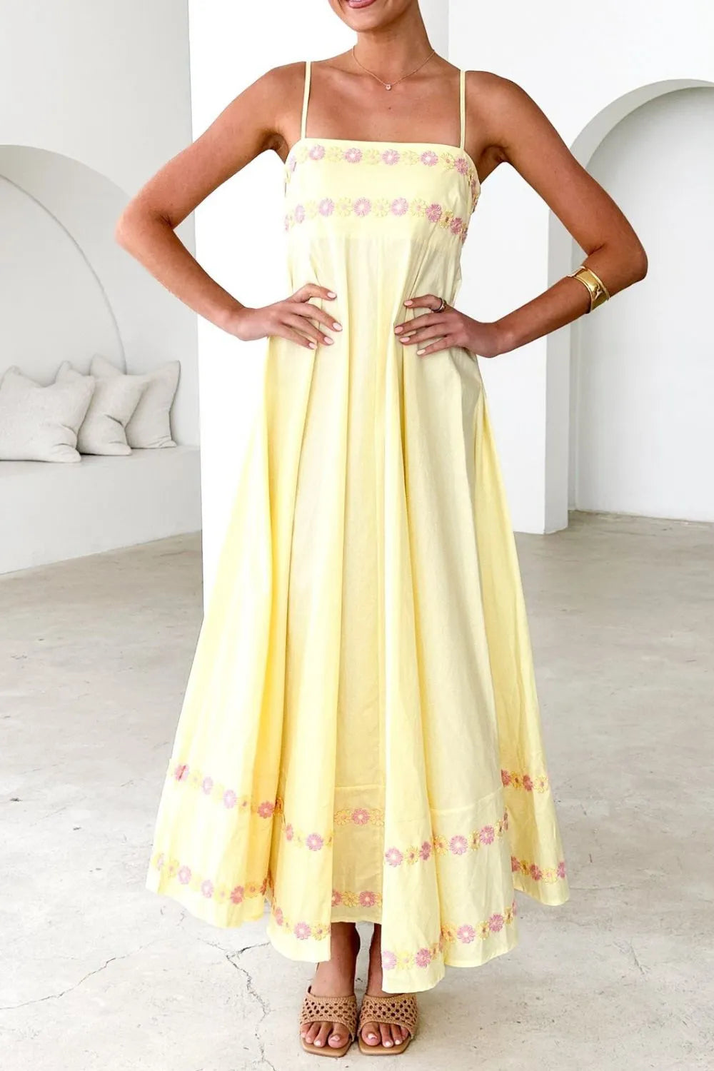 Floral Embroidered Spaghetti Strap Maxi Dress, Blue, Pink or Yellow  SM/MED/LG