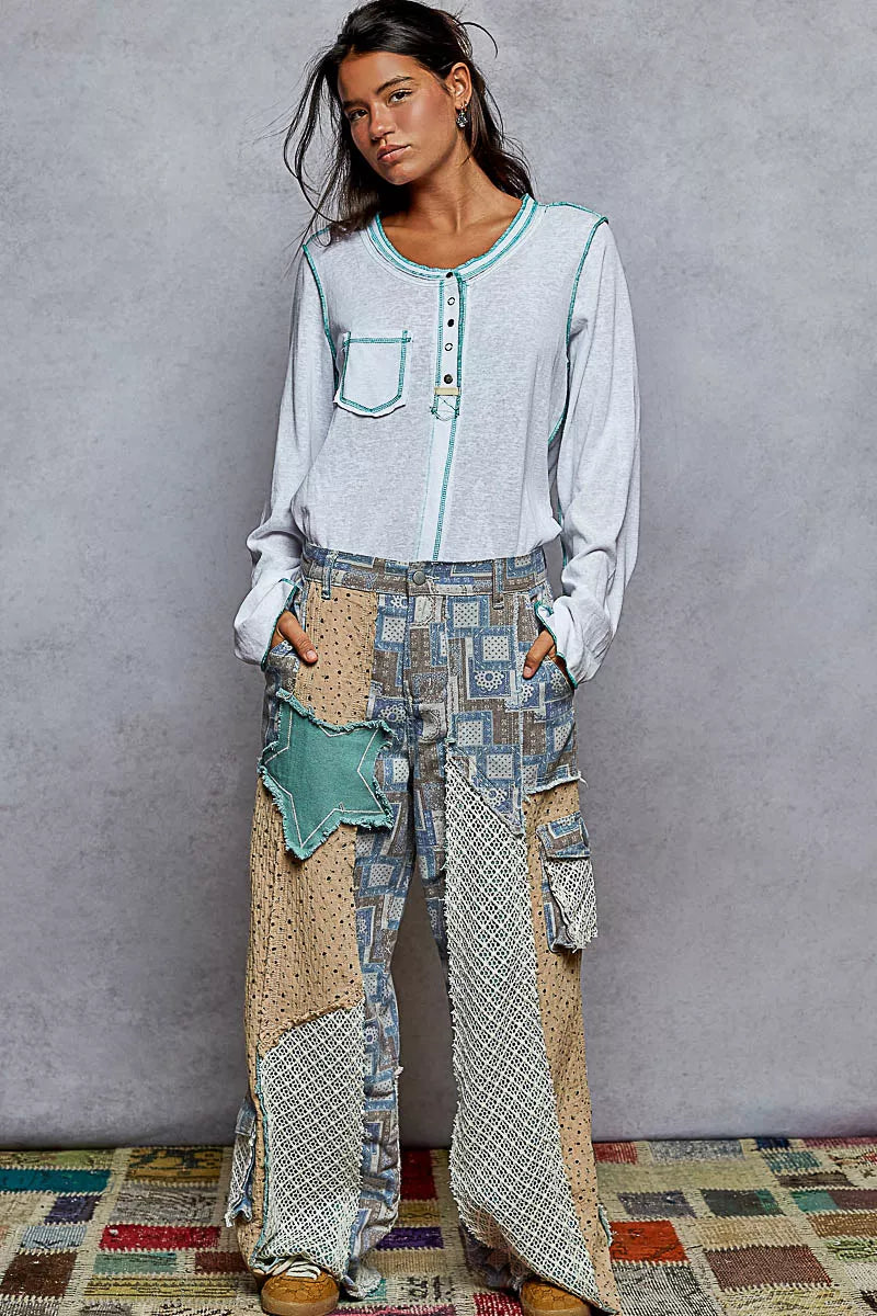 POL Round Neck Long Sleeve Top with Contrast Stitching